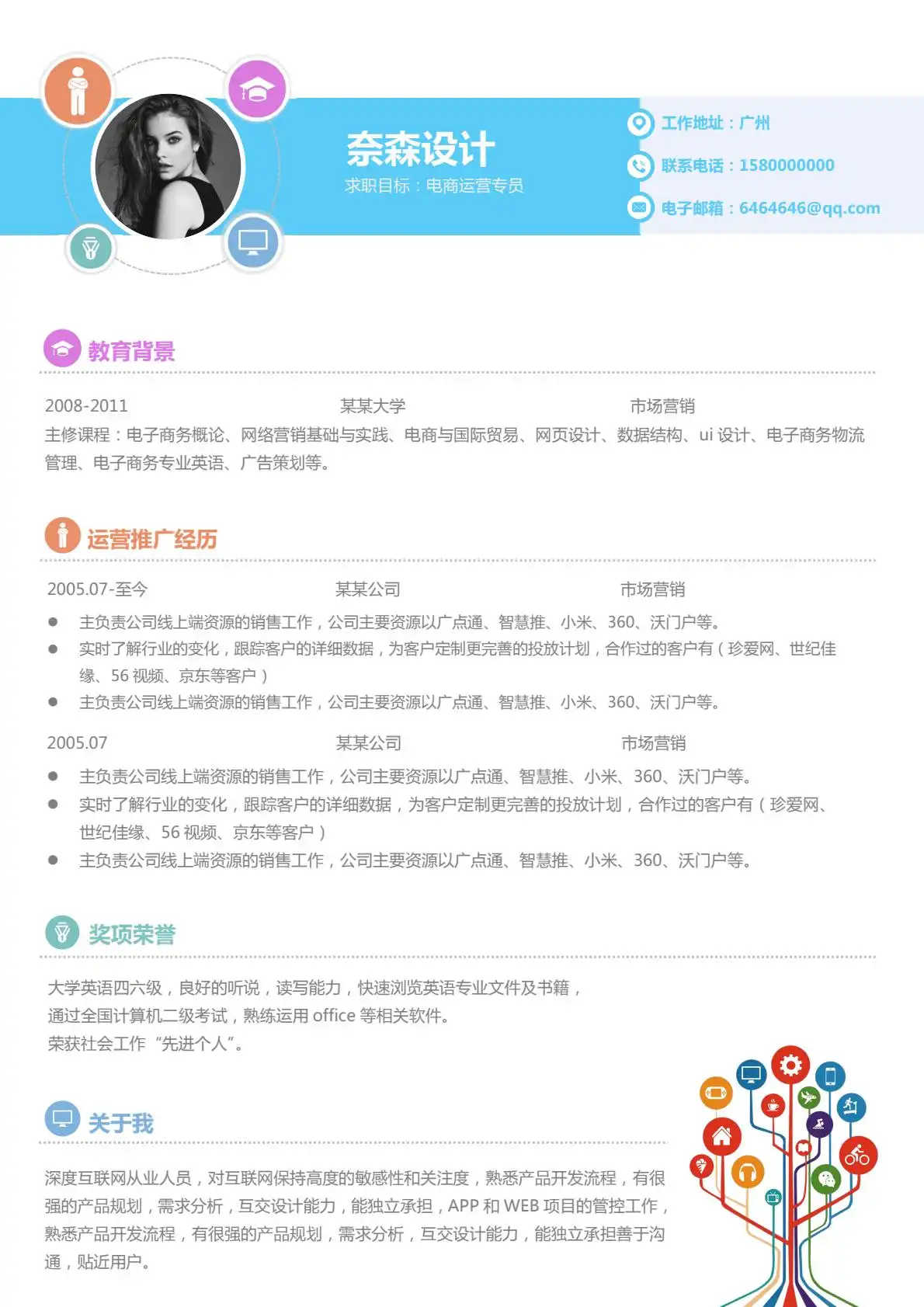 清新电商风 - 蓝白配色单页简历模板 58